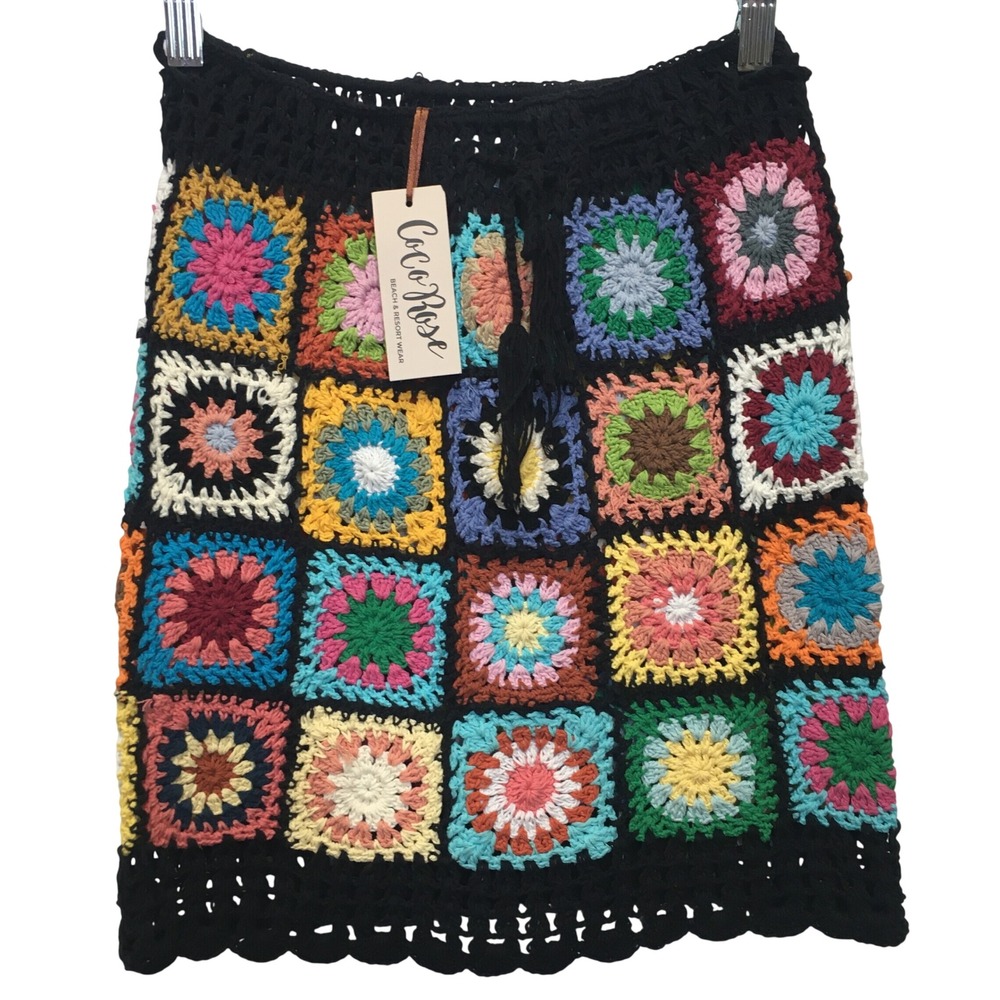 Bali Queen Crochet Granny Square Mini Skirt Women's One Size Beach Boho 70s